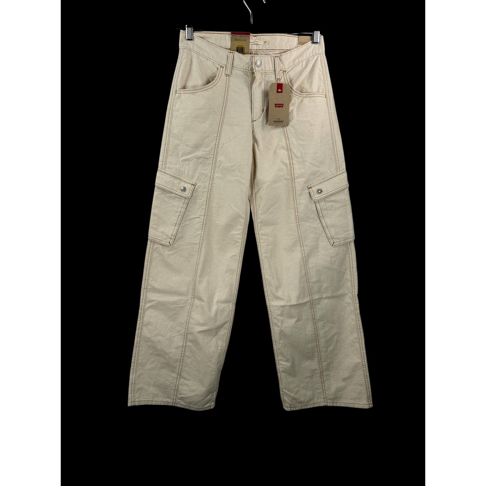 Levis Superlow Cargo Pants sz 27 Cream baggy Linen straight leg minimalist
